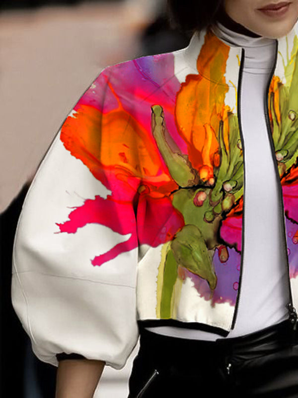 Loose Puff Sleeves Asymmetric Floral Printed Split-Joint High Neck Outerwear