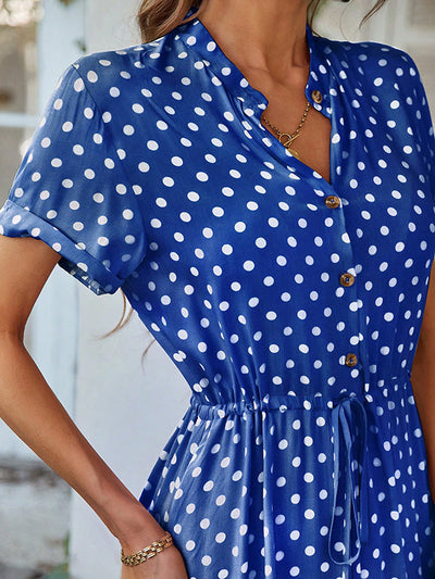A-Line High Waisted Buttoned Drawstring Polka-Dot V-Neck Midi Dresses