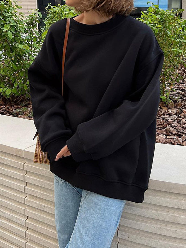 Long Sleeves Loose Solid Color Round-Neck Sweatshirt Tops