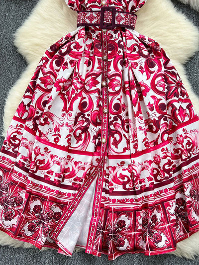 Sleeveless Belt Buckle Buttoned Contrast Color Floral Printed Midi Dresses