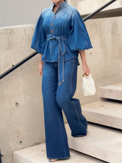 Half Sleeves Puff Sleeves Buttoned Gradient Tied Waist Stand Collar Blouses&Shirts Tops