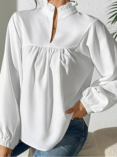 Long Sleeves Puff Sleeves Pleated Ruffled Solid Color Stand Collar Blouses&Shirts Tops