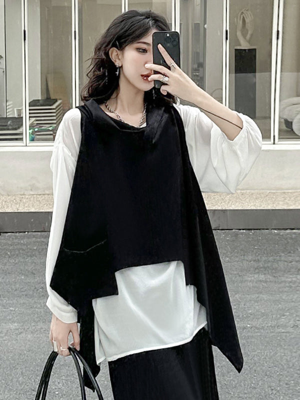 Irregularity Loose Pockets Solid Color Heaps Collar T-Shirts Vest Top