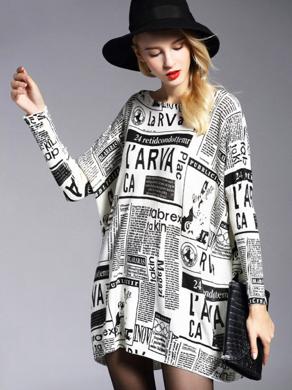 Vintage Loose One-Shoulder Newspaper Printed Split-Joint Sweater