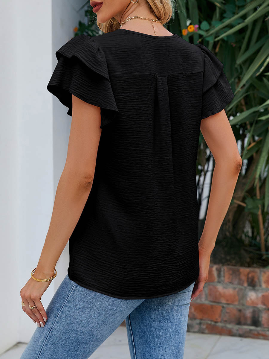 Loose Ruffle Sleeves Solid Color Split-Joint Textured V-Neck Blouses&Shirts Tops