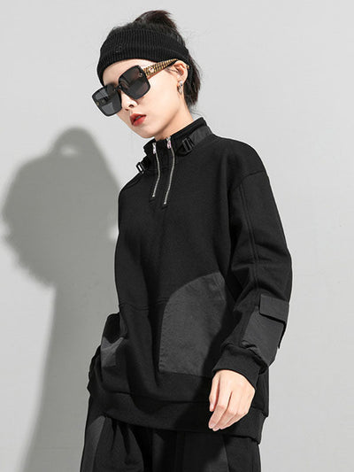 Casual Long Sleeves Loose Solid Color Zipper High-Neck Sweatshirt Tops