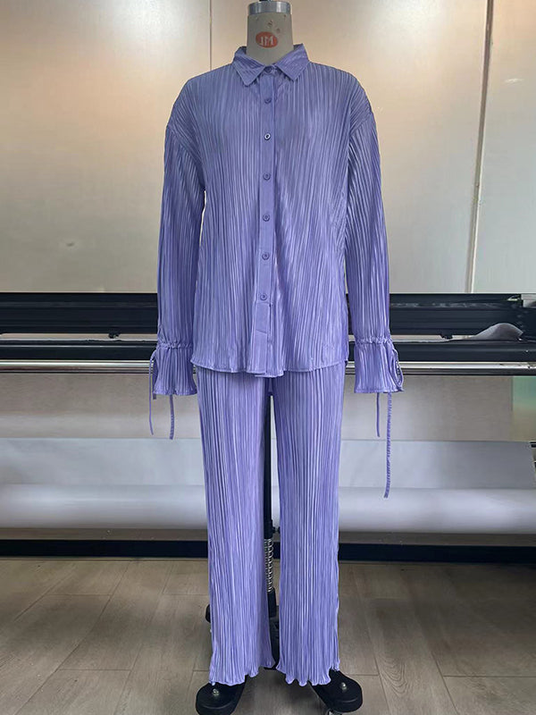 Flared Sleeves Long Sleeves Buttoned Drawstring Pleated Solid Color Split-Side Lapel Shirts Top + Pants Bottom Pajama Sets