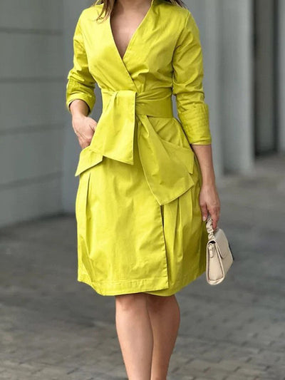 Long Sleeves Solid Color Tied Waist Deep V-Neck Mini Dresses