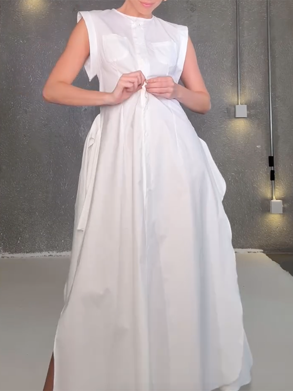 Cap Sleeve Loose Buttoned Solid Color Split-Side Tied Waist Maxi Dresses Shirt Dress