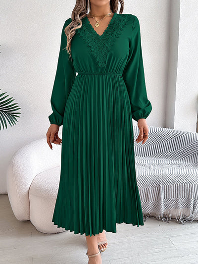 Elasticated Waist High Waisted Pleated Solid Color V-Neck Midi Dresses