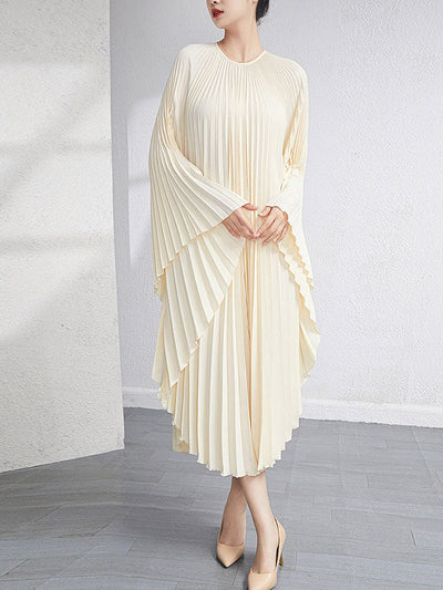 Urban Flared Batwing Sleeves Pleated Solid Color Round-Neck Midi Dresses