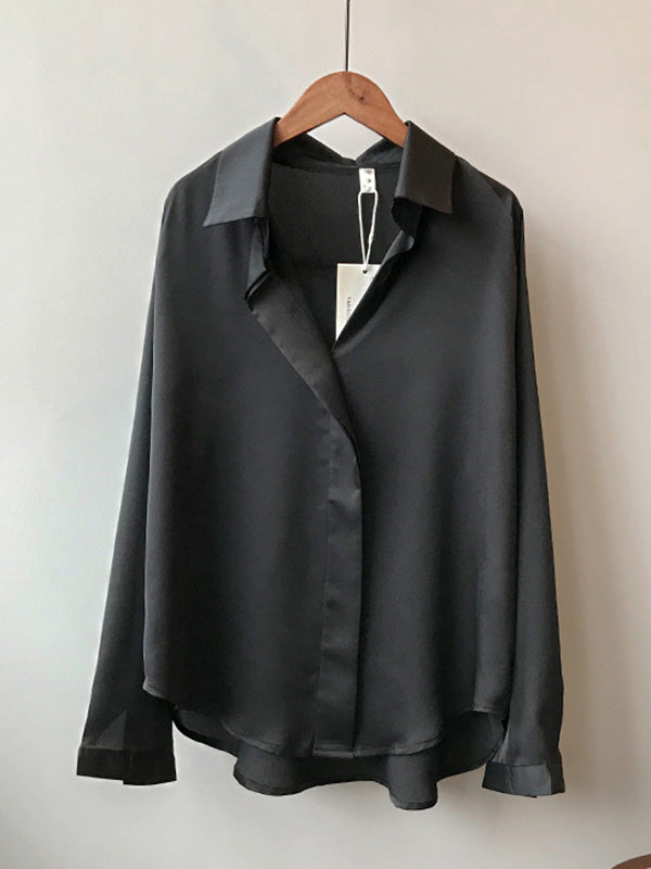 Satin V-Neck Loose Solid Color High-Low Long Sleeve Shirts