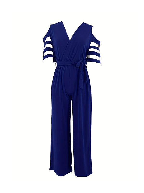 High Waisted Loose Hollow Mesh Solid Color Tied Waist V-Neck Jumpsuits