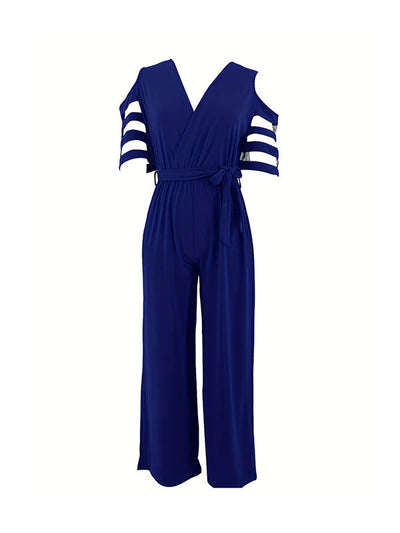 High Waisted Loose Hollow Mesh Solid Color Tied Waist V-Neck Jumpsuits