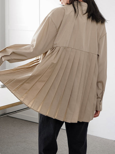 Long Sleeves Loose Buttoned Pleated Solid Color Round-Neck Blouses&Shirts Tops
