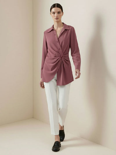 Long Sleeves Wrap Asymmetric Knot Pleated Lapel Blouses&Shirts Tops