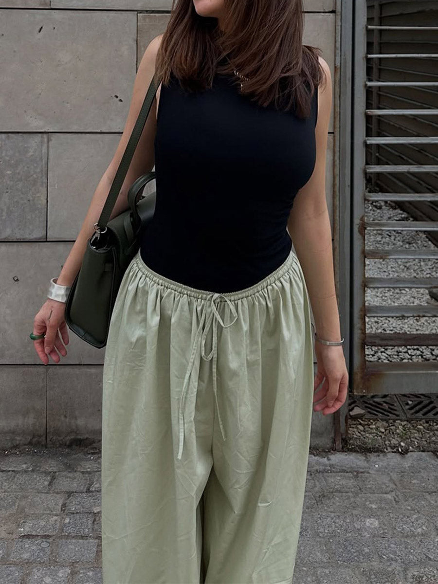 Elasticated Waist High Waisted Drawstring Pleated Solid Color Ankle-Tied Pants