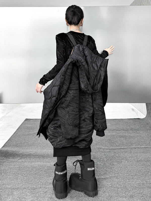 High-Low Irregularity Abstract Printed Contrast Color Split-Joint Zipper Hooded Outerwear Overcoat