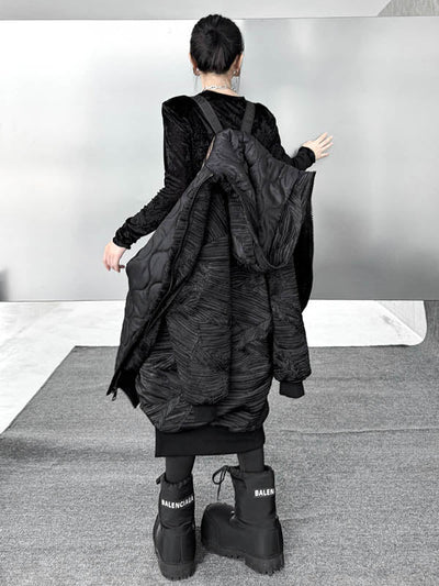 High-Low Irregularity Abstract Printed Contrast Color Split-Joint Zipper Hooded Outerwear Overcoat