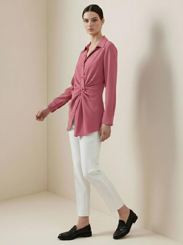 Long Sleeves Wrap Asymmetric Knot Pleated Lapel Blouses&Shirts Tops