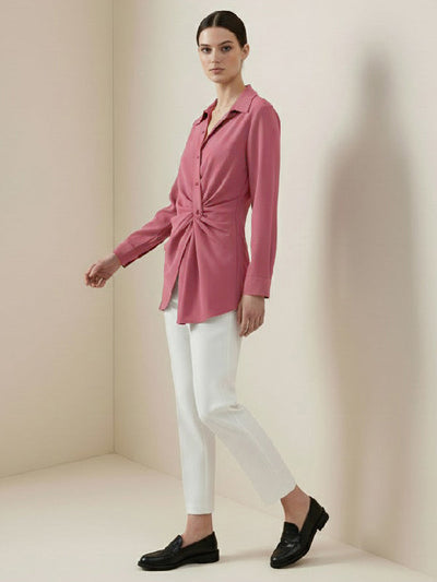 Long Sleeves Wrap Asymmetric Knot Pleated Lapel Blouses&Shirts Tops