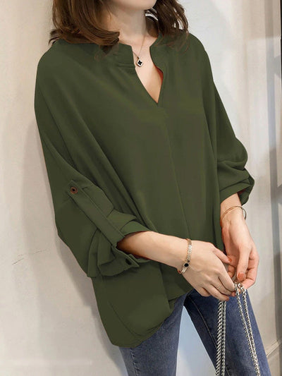 Casual Long Sleeves Loose Solid Color V-Neck Blouses&Shirts Tops