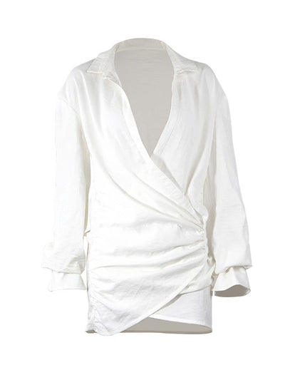 Bodycon Long Sleeves Pleated Solid Color Deep V-Neck Mini Dresses Shirt Dress