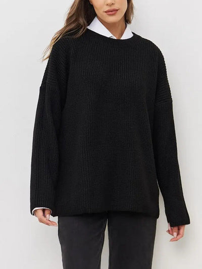 Long Sleeves Loose Solid Color Split-Joint Round-Neck Sweater Tops