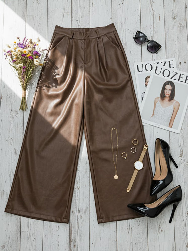 High Waisted Leather-Like Wide Leg Pants