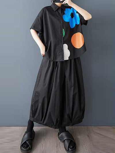 Loose Short Sleeves Buttoned Flower Print Lapel Blouses&Shirts Tops