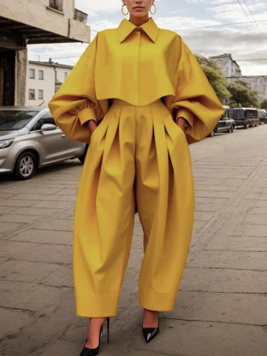 Long Sleeves Loose Buttoned Pleated Pockets Solid Color Lapel Two Pieces Set