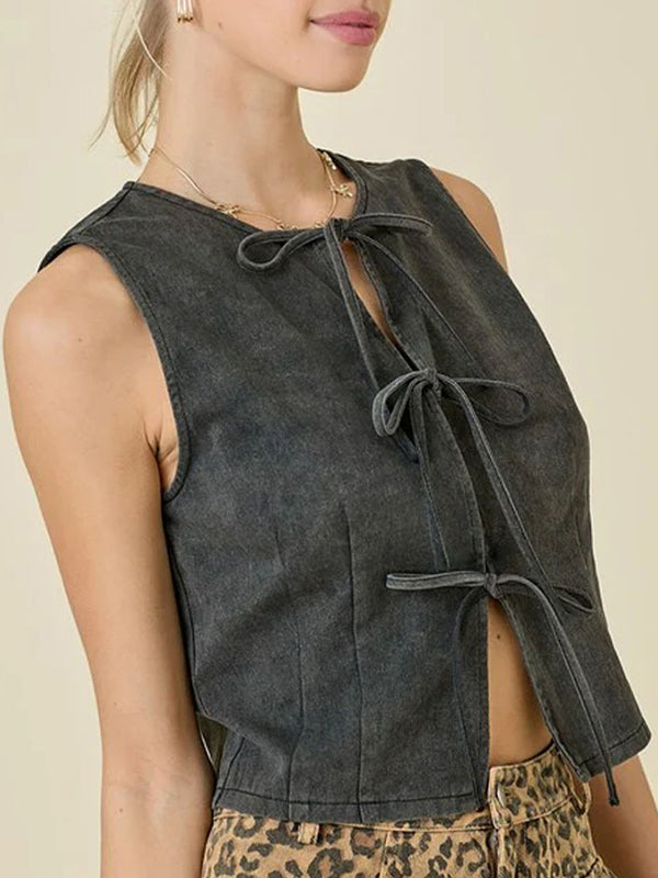 Loose Sleeveless Lace-Up Split-Joint Round-Neck Vest Top