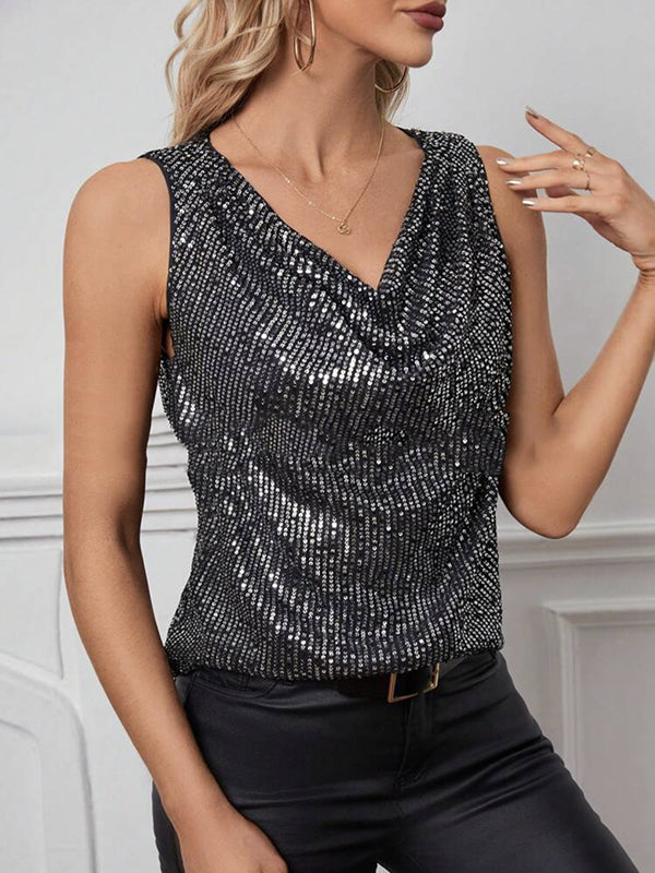 Loose Sleeveless Sequined Shiny Solid Color Split-Joint V-Neck Vest Top