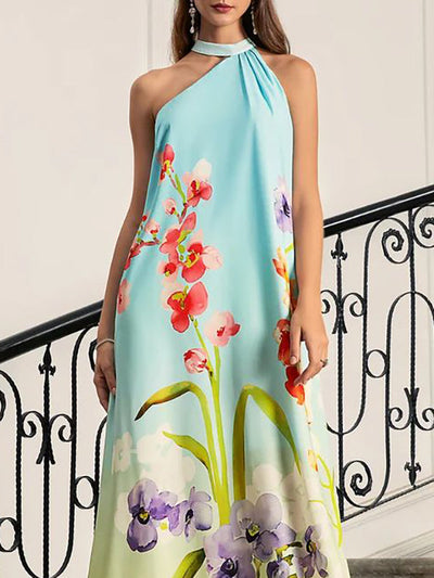 Loose Sleeveless Flower Print Pleated Halter-Neck Maxi Dresses