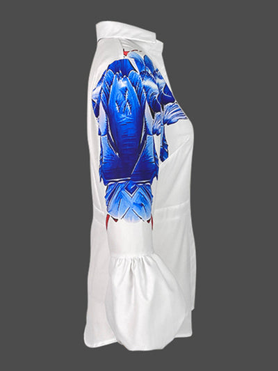 Loose Puff Sleeves Buttoned Flower Print Split-Joint Lapel Blouses&Shirts Tops