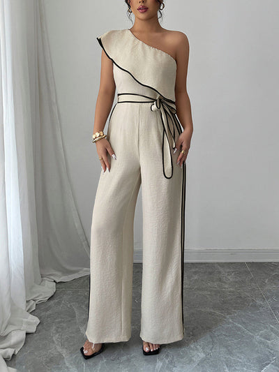 High Waisted Wide Leg Elasticity Tied Waist One-Shoulder Jumpsuits