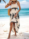 A-Line Loose Elasticity Pleated Printed Split-Joint Square-Neck Maxi Dresses