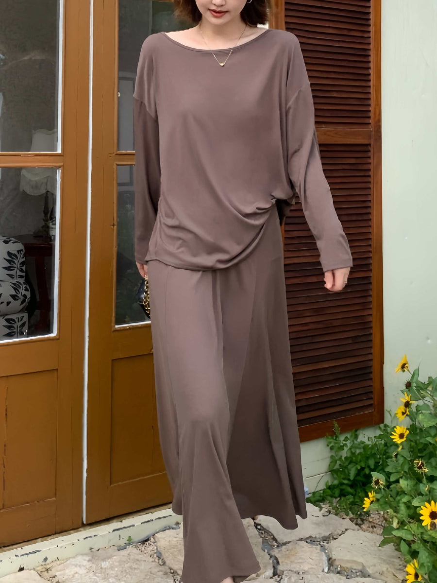 Long Sleeves Loose Solid Color Round-Neck T-Shirts Tops