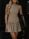 A-Line Loose Pleated Solid Color Split-Joint Zipper Round-Neck Mini Dresses