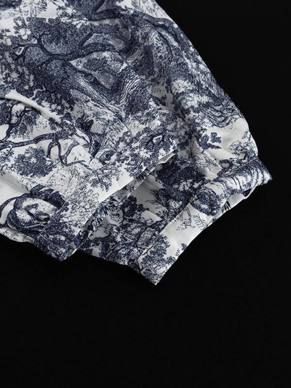 Loose Puff Sleeves Pleated Printed Split-Joint Tied Waist Lapel Mini Dresses Shirt Dress