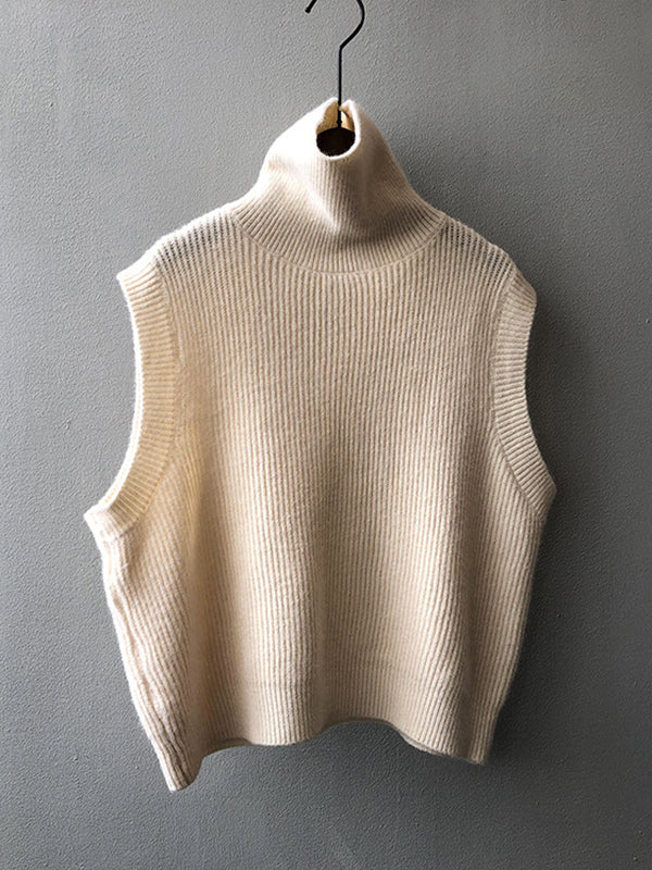Casual Loose Sleeveless Solid Color High-Neck Sweater Vest Outerwear