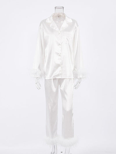 Long Sleeves Buttoned Feathers Split-Joint Notched Collar Shirts Top + Pants Bottom Pajama Sets