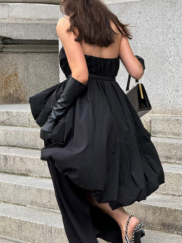 High-Low Sleeveless Elasticity Pleated Solid Color Split-Joint Tube Blouses&Shirts Tops