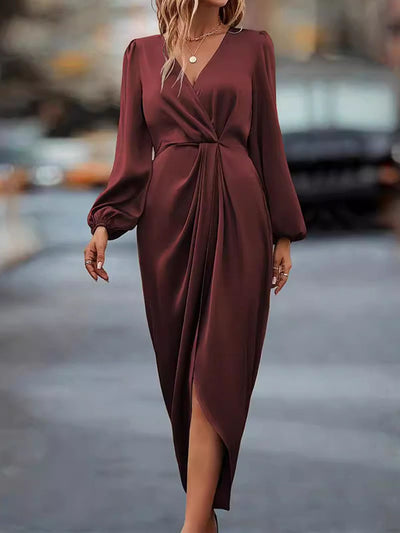 Loose Puff Sleeves Pleated Solid Color Split-Joint V-neck Midi Dresses