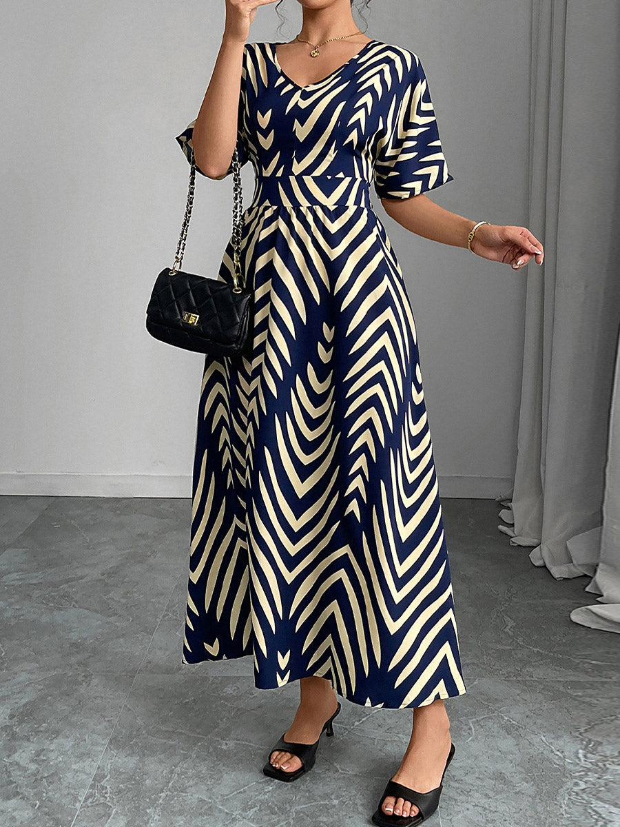 Elasticated Waist High Waisted Contrast Color Geometric Printed Split-Joint V-Neck Maxi Dresses