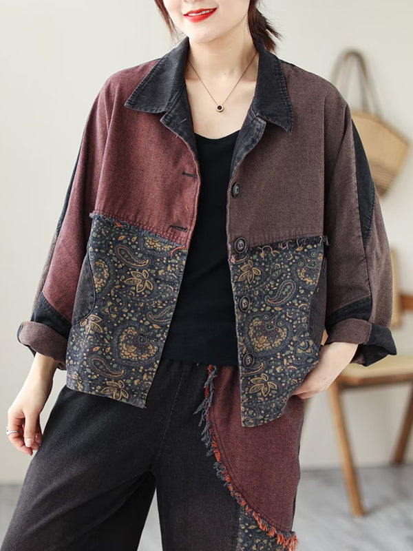 Contrast Color Fringed Split-Joint Long Sleeves Printed Outwear + Harem Pants  Two Pieces Set