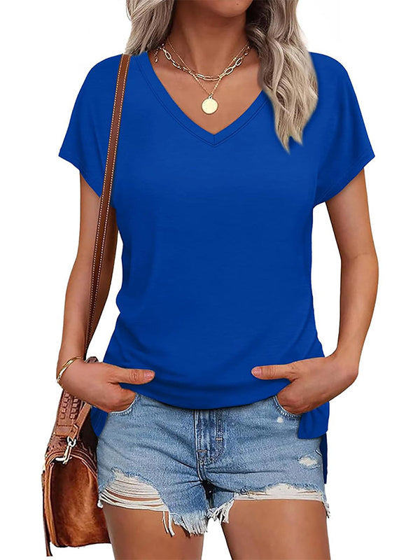 High-Low Raglan Sleeve Solid Color Split-Joint Split-Side V-Neck T-Shirts