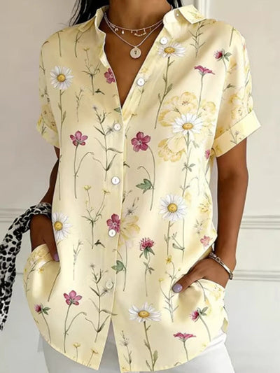 Loose Plus Size Buttoned Contrast Color Flower Print Lapel Blouses&Shirts Tops
