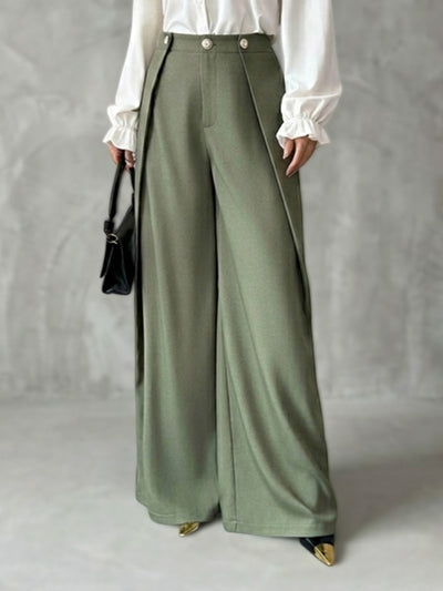High Waisted Wide Leg Buttoned Solid Color Pants Trousers