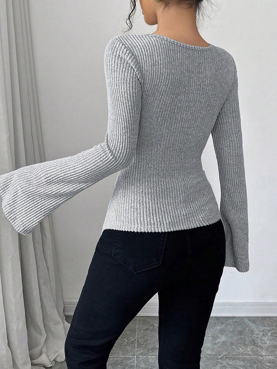Flared Sleeves Irregularity Pleated Ribbed Knit Solid Color Heaps Collar T-Shirts Tops